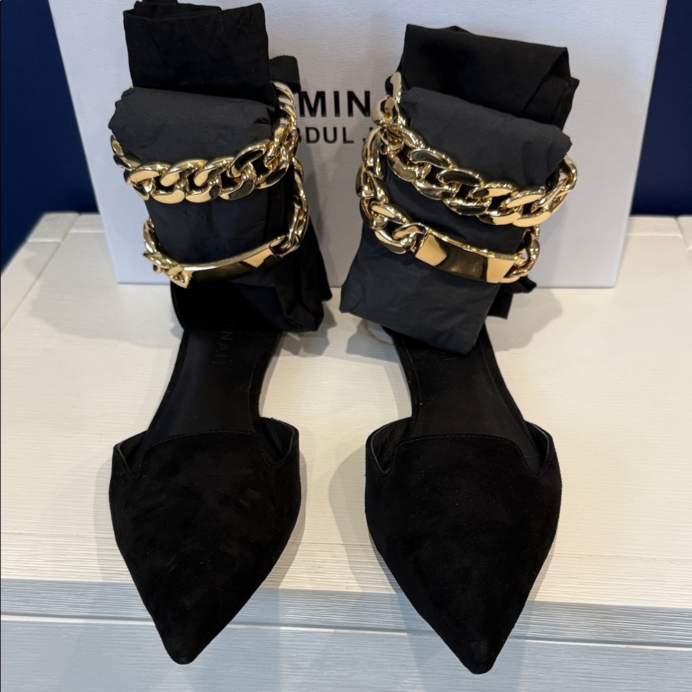 Black Suede Chain Flats – Gold Ankle Detail – Size 9